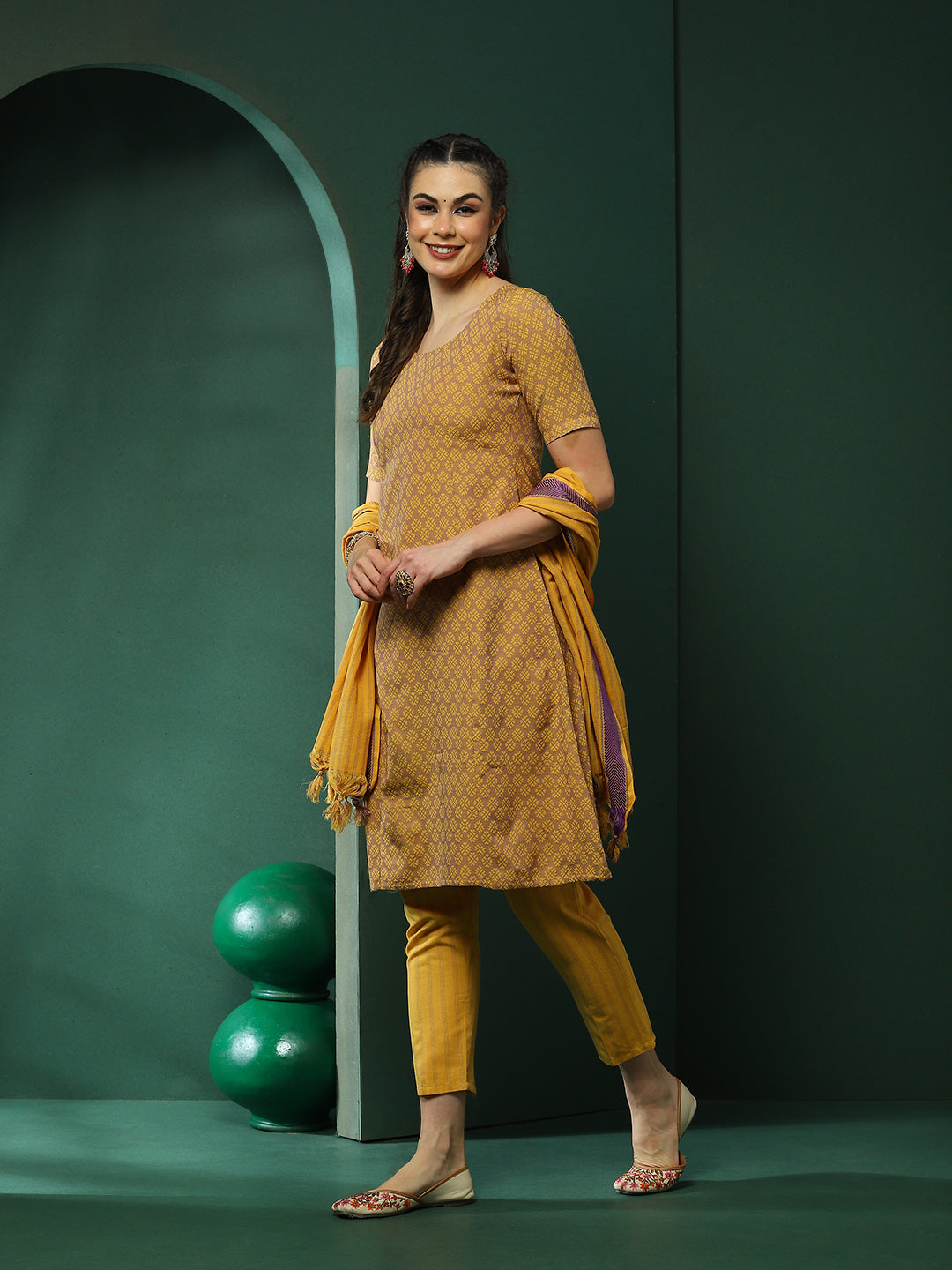 Mustard Printed A-Line Kurta Pant With Dupatta