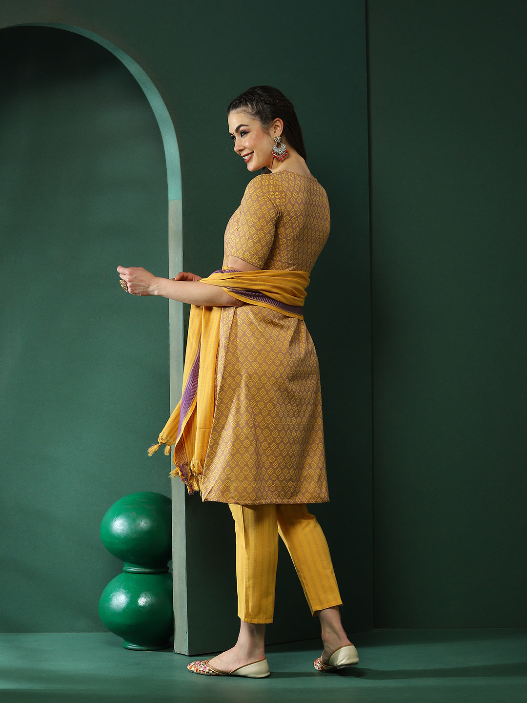 Mustard Printed A-Line Kurta Pant With Dupatta