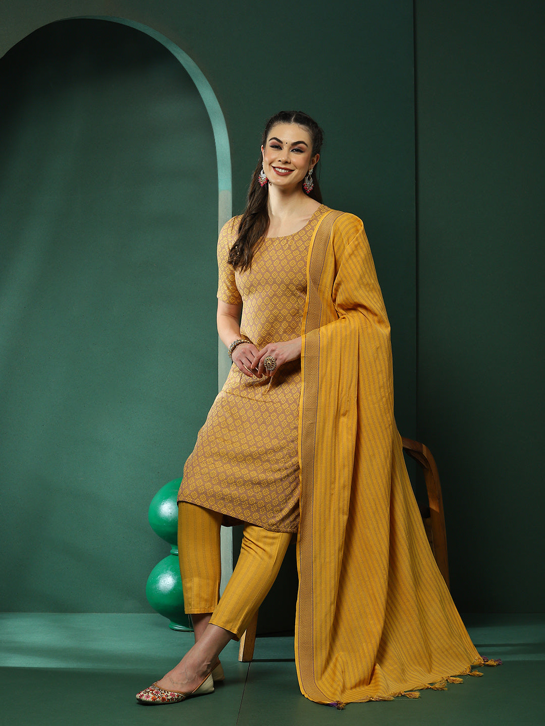 Mustard Printed A-Line Kurta Pant With Dupatta