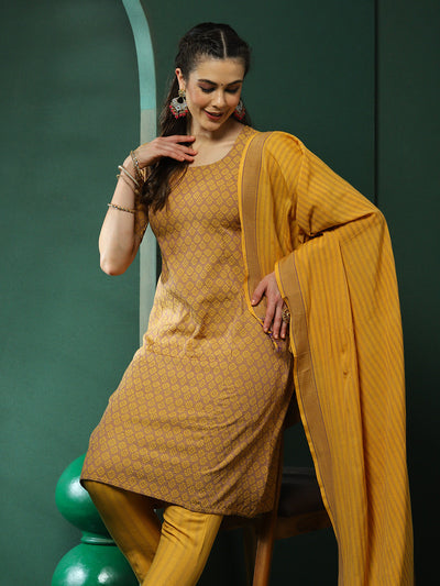 Mustard Printed A-Line Kurta Pant With Dupatta