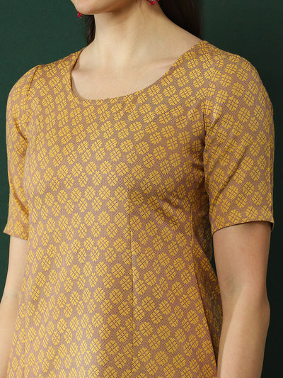 Mustard Printed A-Line Kurta Pant With Dupatta