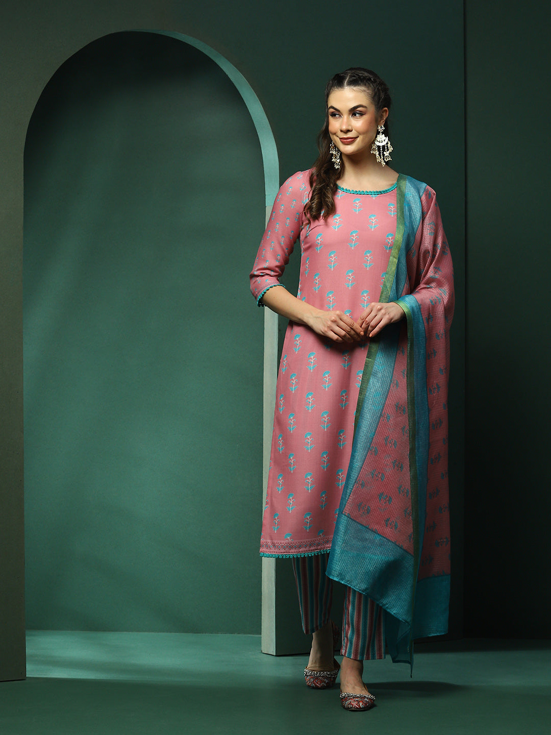 Pink Floral Print Kurta Pant With Dupatta