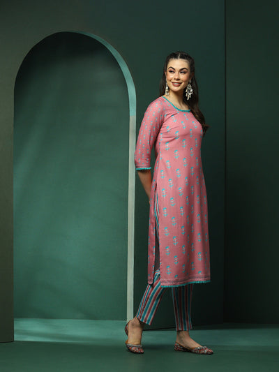 Pink Floral Print Kurta Pant With Dupatta