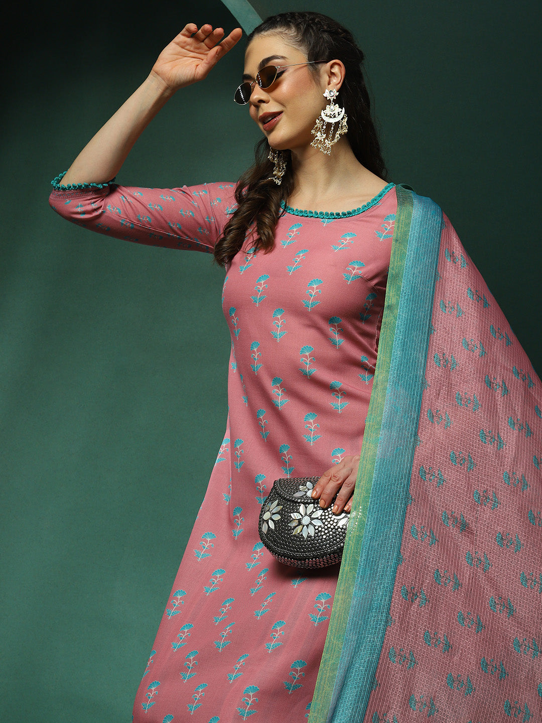 Pink Floral Print Kurta Pant With Dupatta