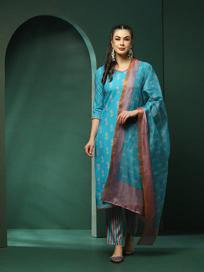 Blue Floral Print Kurta Pant With Dupatta