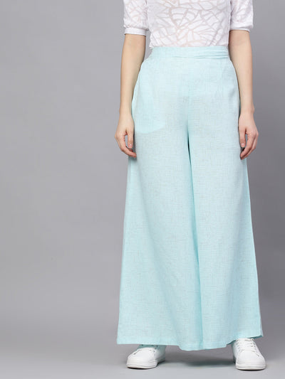 Blue Textured Mid-Rise Flared Palazzos