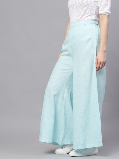 Blue Textured Mid-Rise Flared Palazzos
