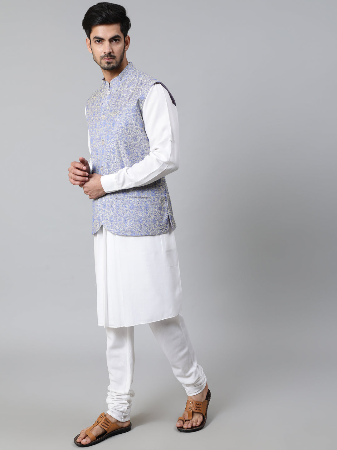 White Kurta Churidar With Nehru Jacket