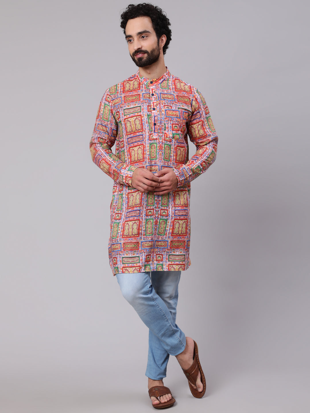 Red Green Geometric Print Kurta