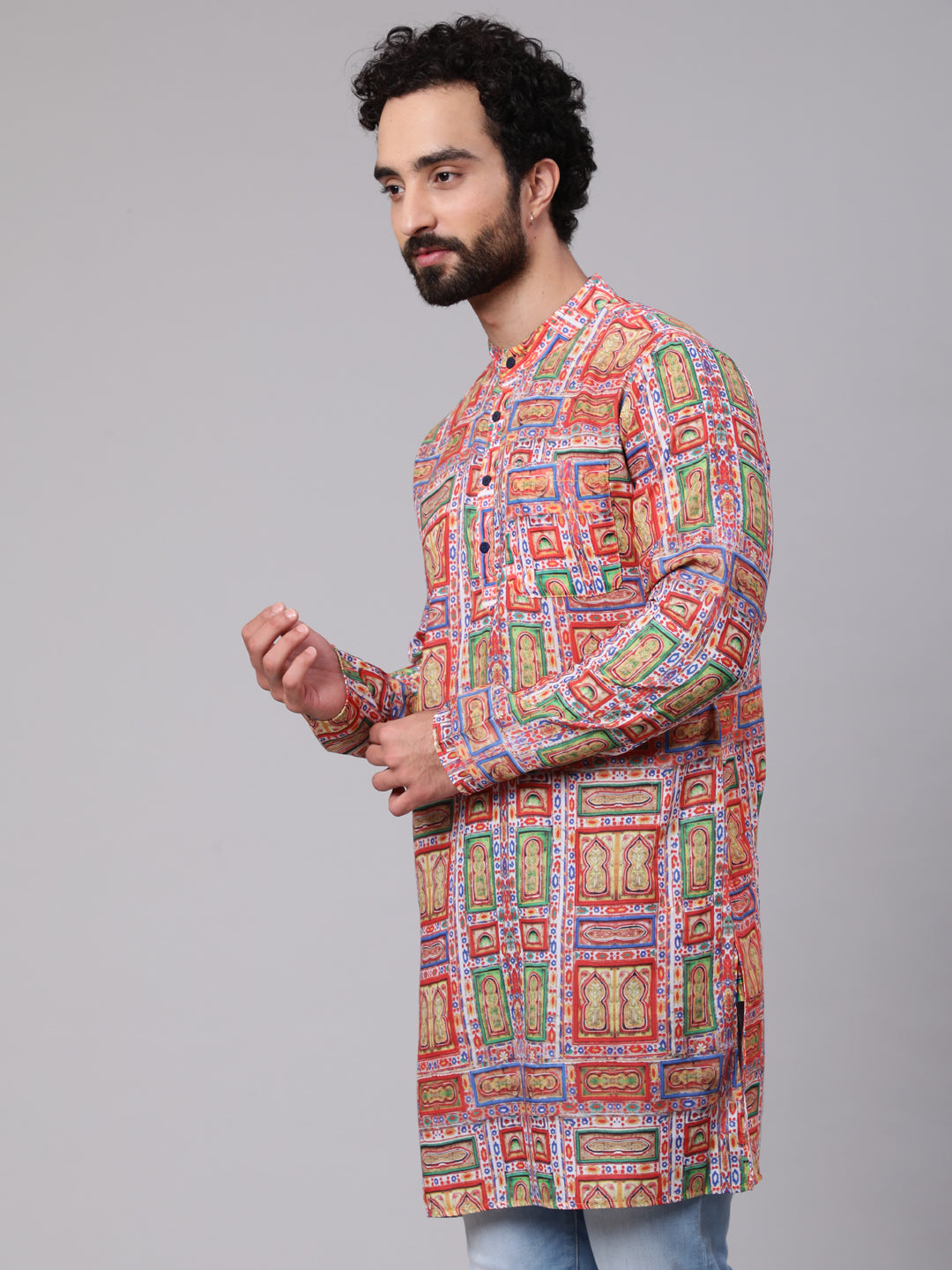 Red Green Geometric Print Kurta