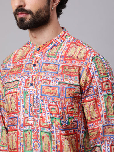 Red Green Geometric Print Kurta