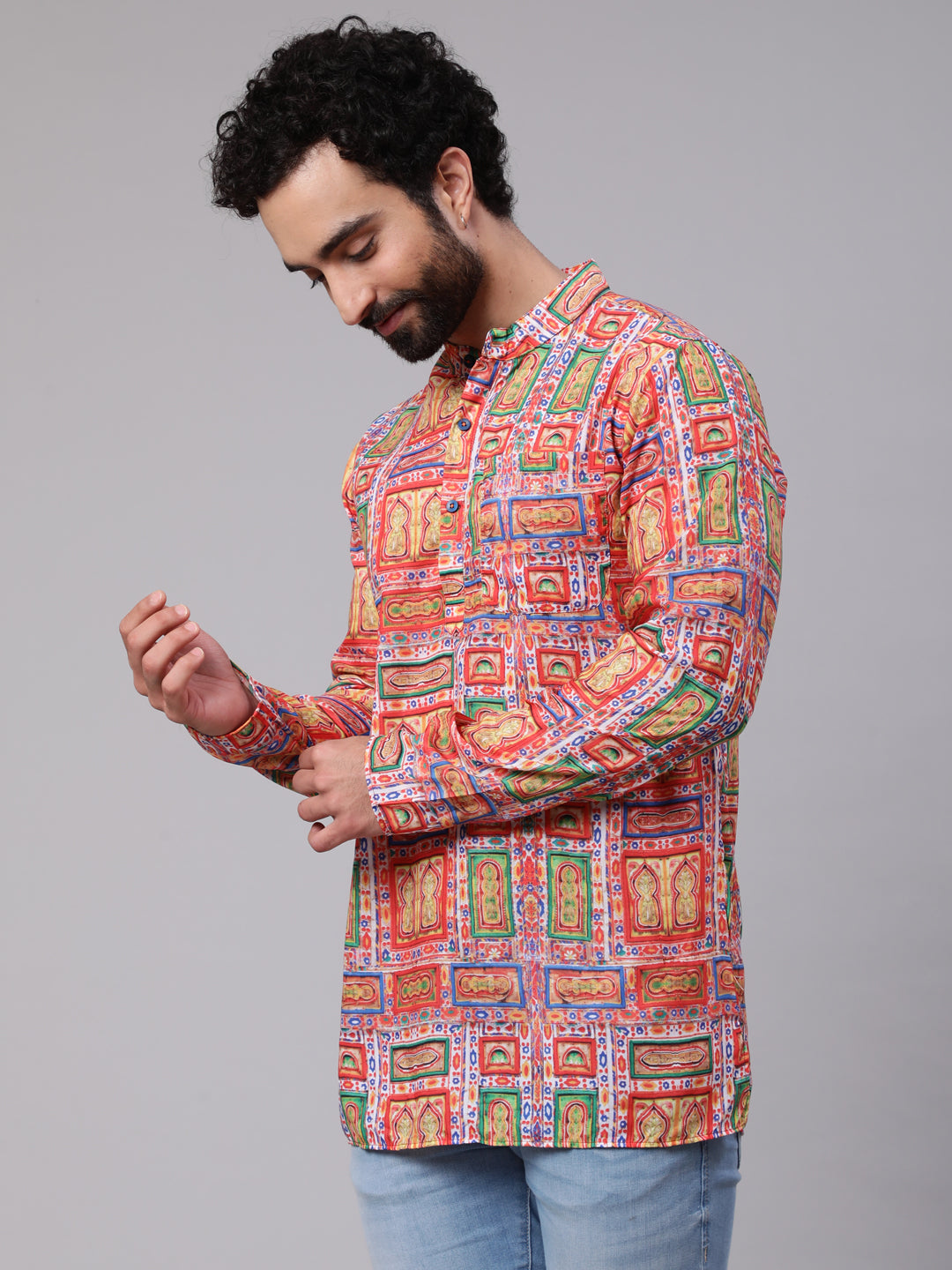 Red Green Digital Print Short Kurta