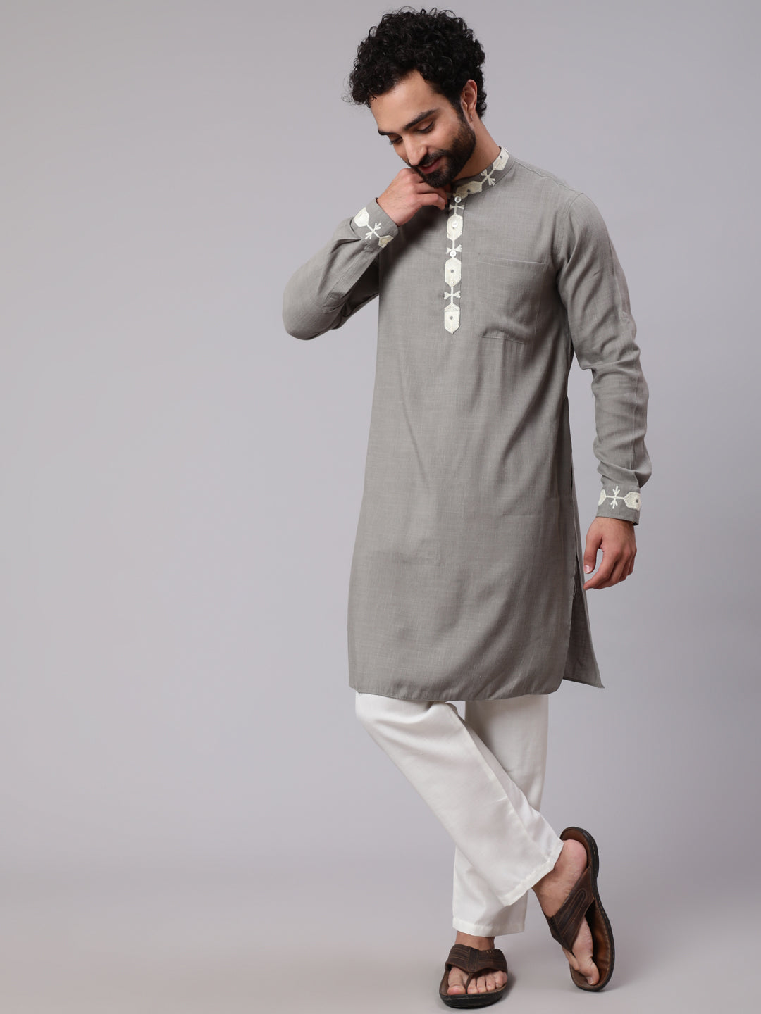 Grey Kurta With Embroidered Details