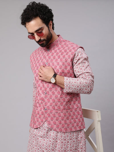 Mauve White Floral Print Kurta Pyjama With Nehru Jacket