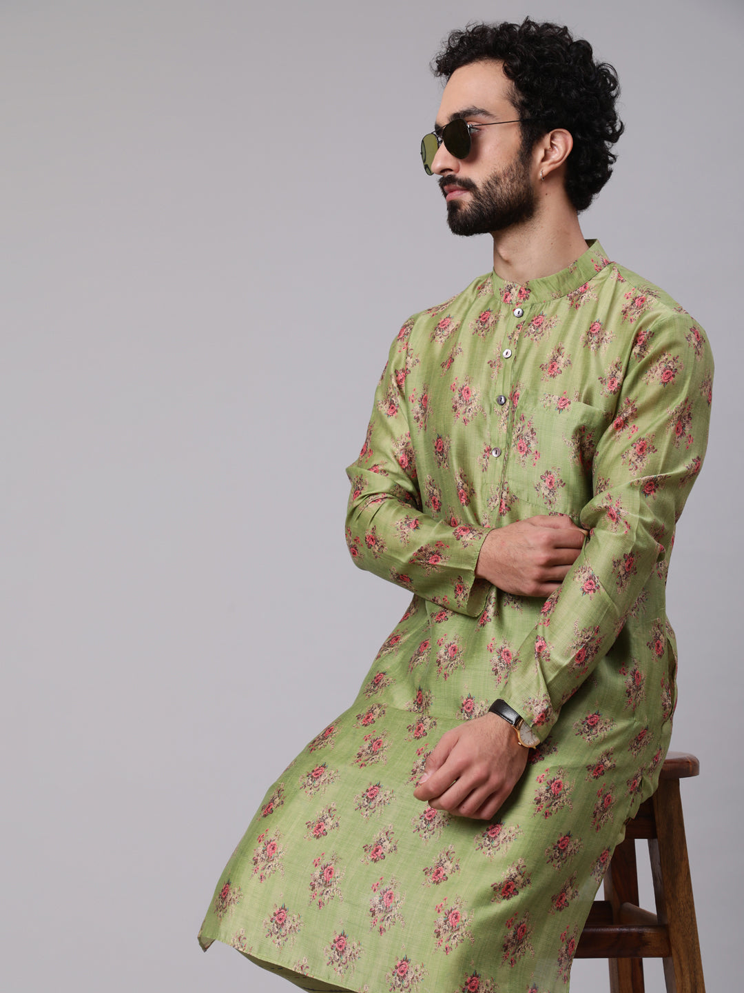 Green Floral Print Kurta With Churidar