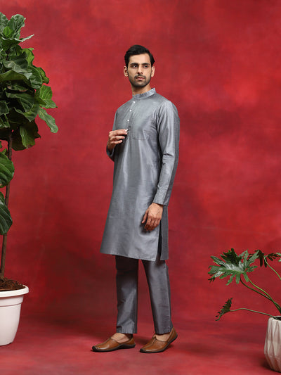 Grey Kurta Pyjama With Floral Print Nehru Jacket