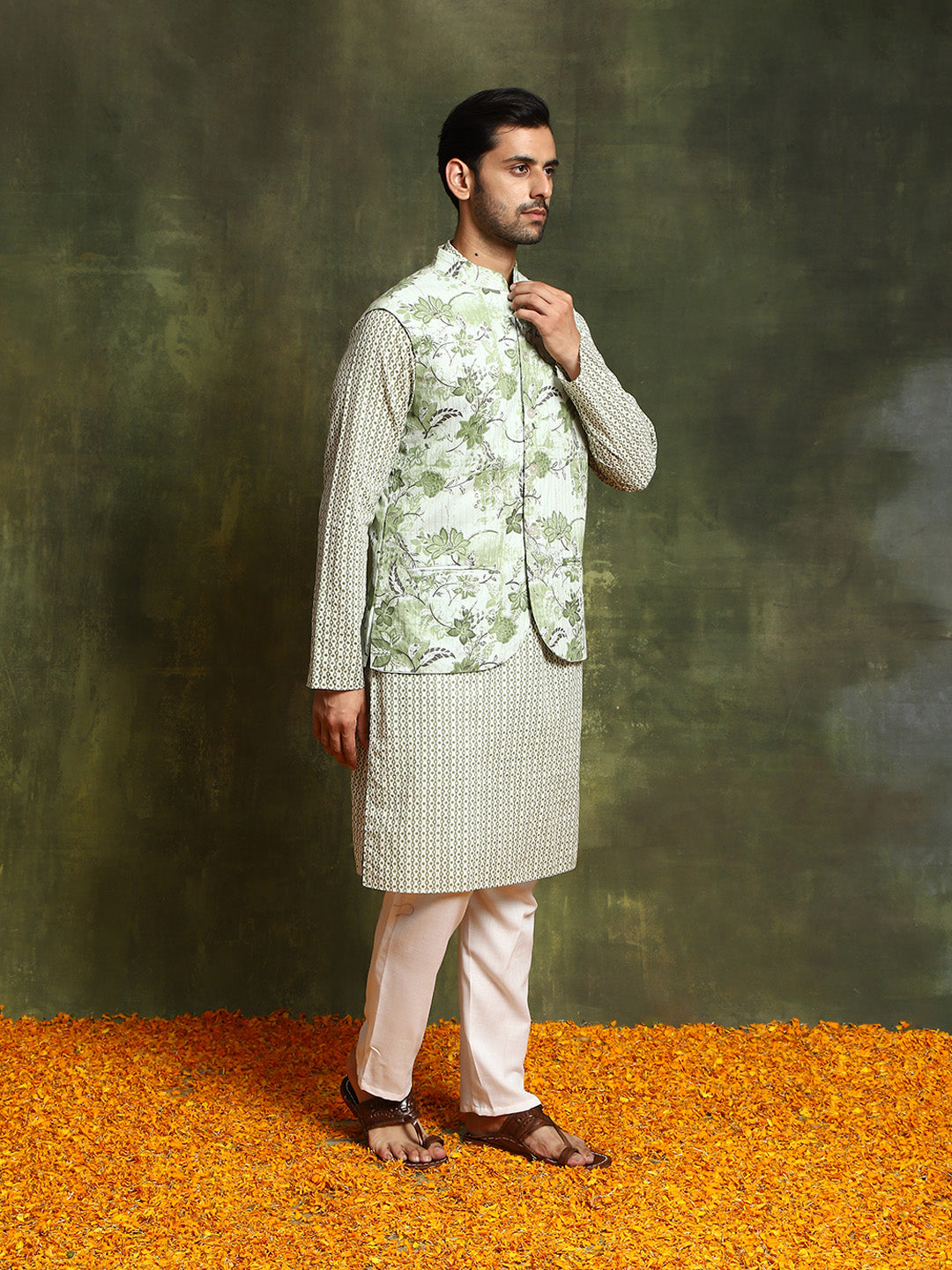 Pastel Green Floral Print Kurta With Nehru Jacket