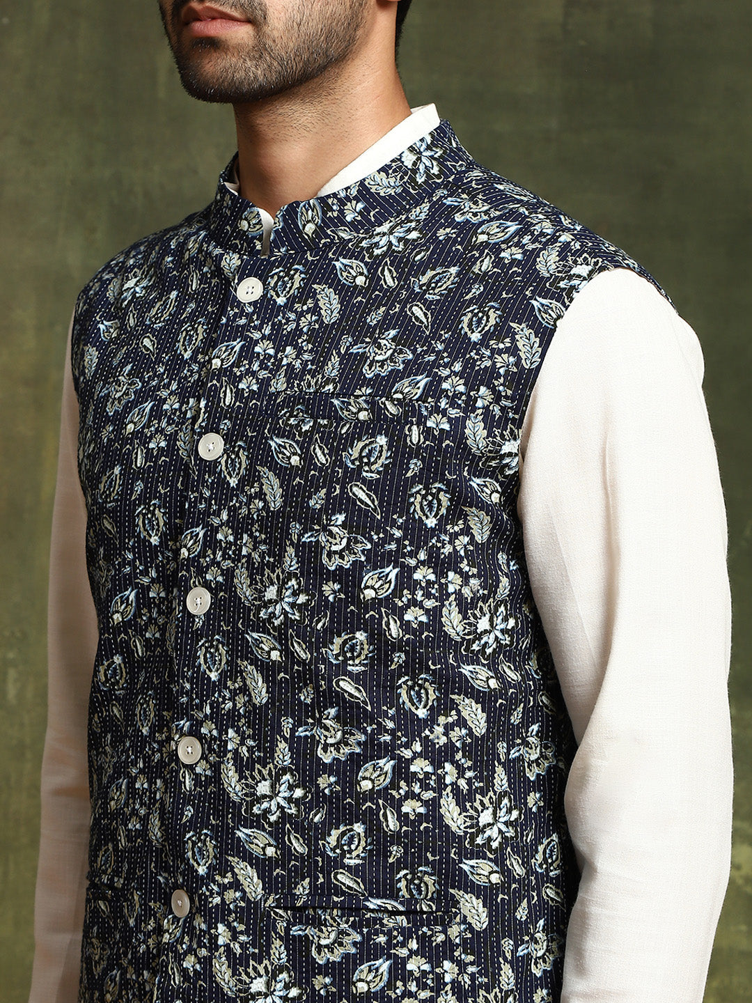 Navy Blue Floral Print Nehru Jacket