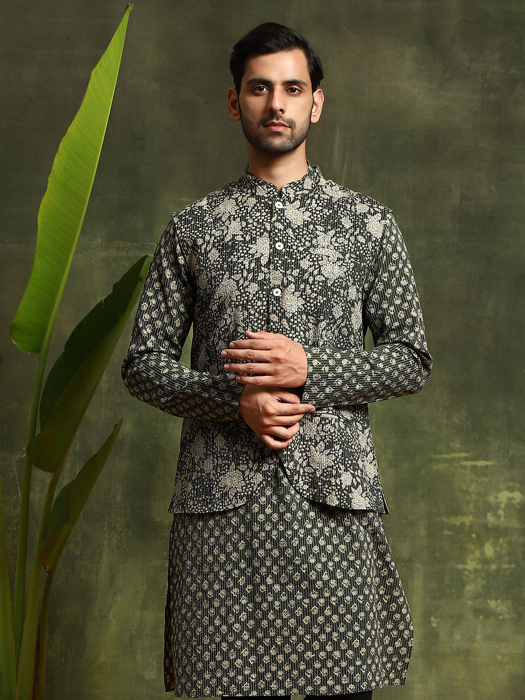 Olive Printed Kantha Work Kurta With Nehru Jacket