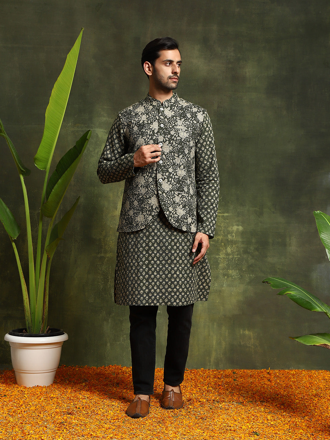 Olive Printed Kantha Work Kurta With Nehru Jacket