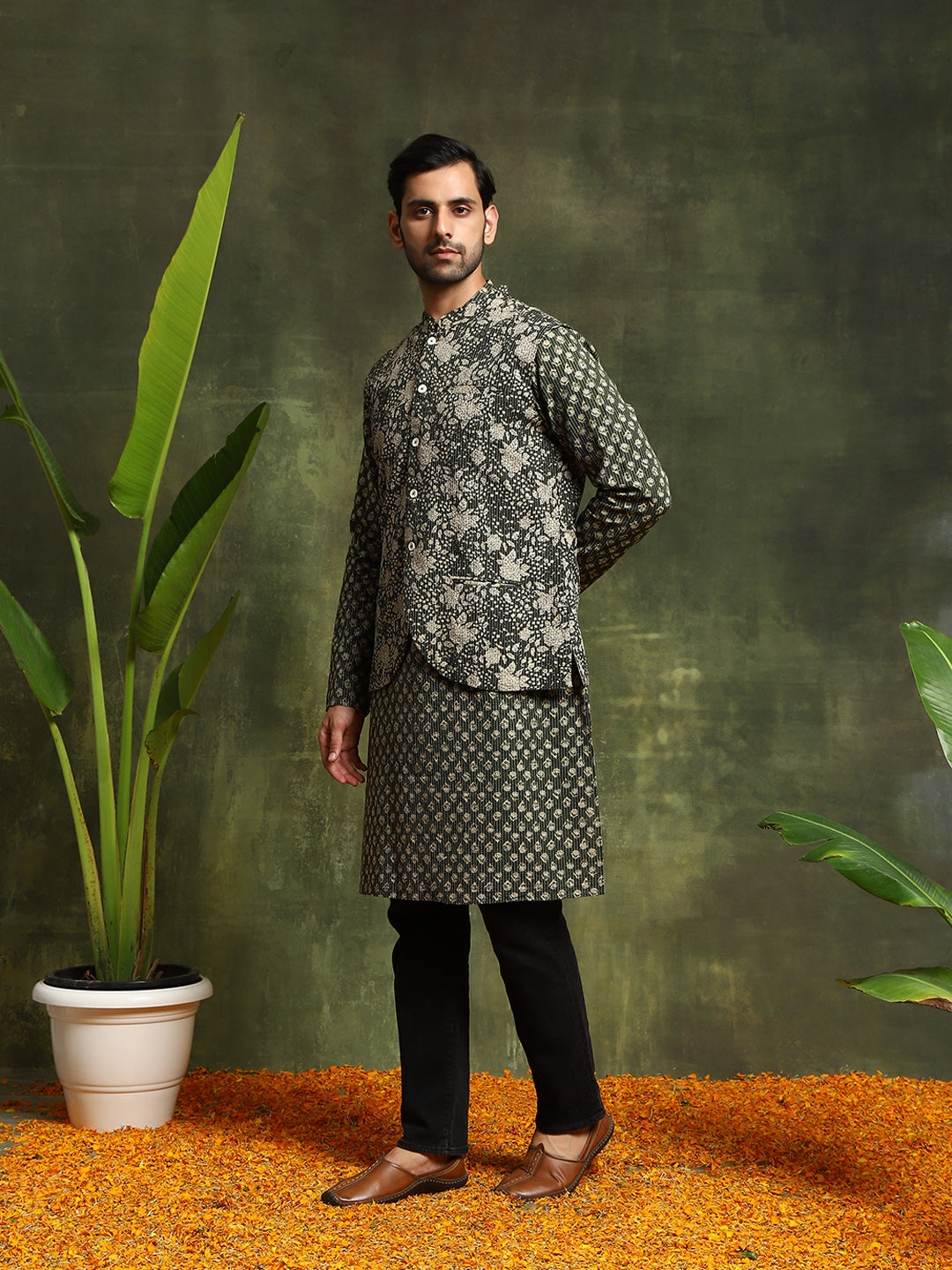 Olive Printed Kantha Work Kurta With Nehru Jacket