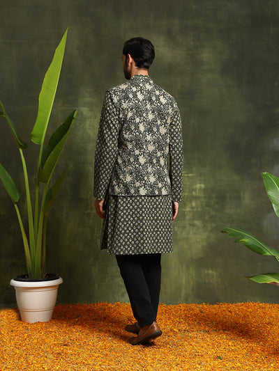 Olive Printed Kantha Work Kurta With Nehru Jacket