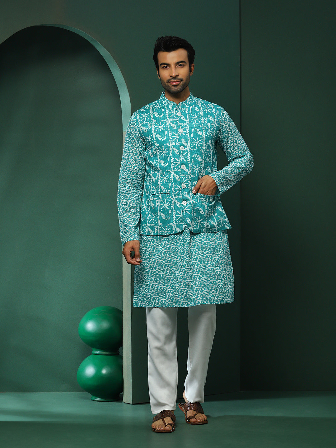 Turquoise Blue Printed Kurta With Nehru Jacket