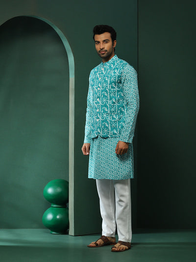 Turquoise Blue Printed Kurta With Nehru Jacket