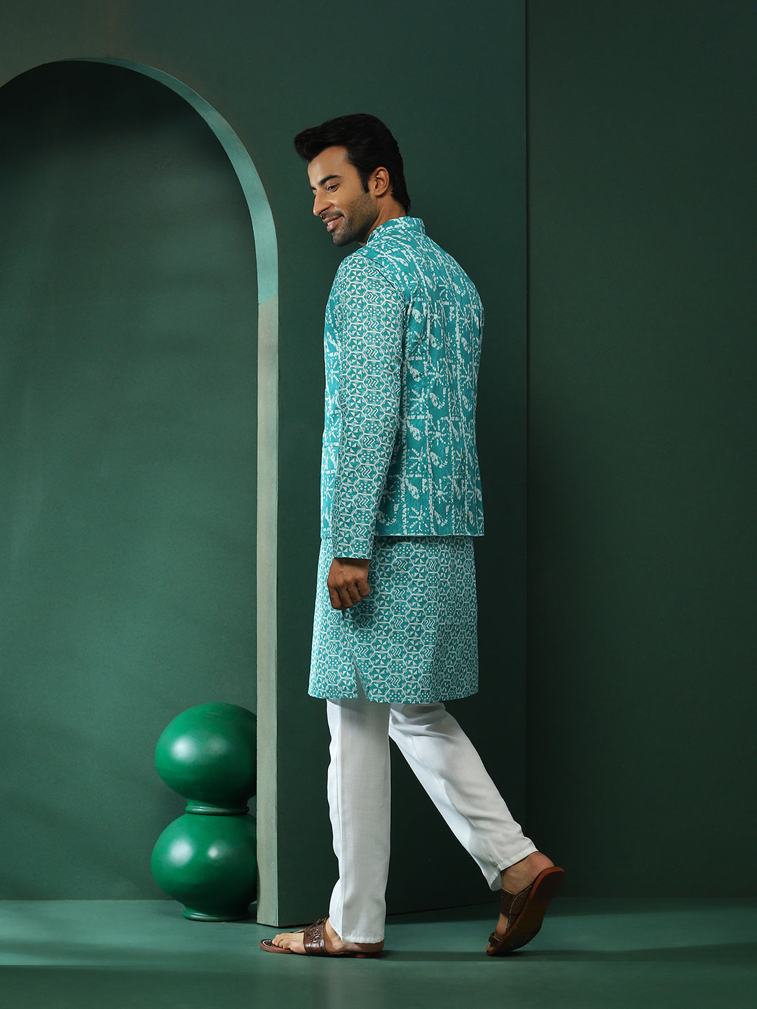 Turquoise Blue Printed Kurta With Nehru Jacket