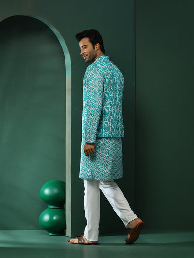 Turquoise Blue Printed Kurta With Nehru Jacket