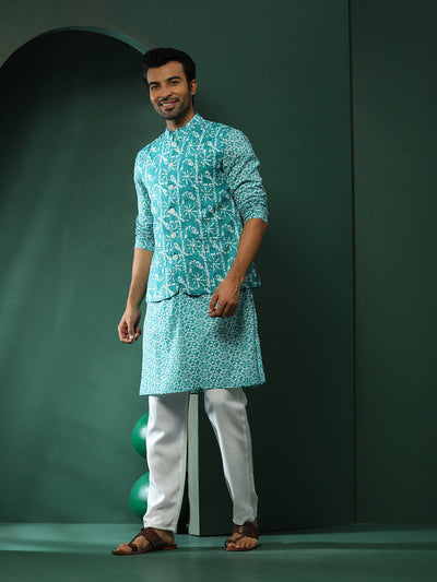 Turquoise Blue Printed Kurta With Nehru Jacket