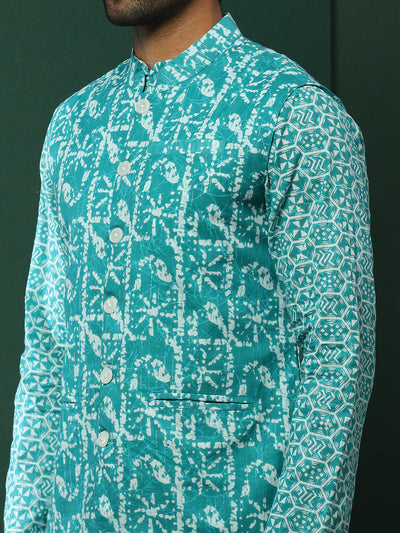 Turquoise Blue Printed Kurta With Nehru Jacket