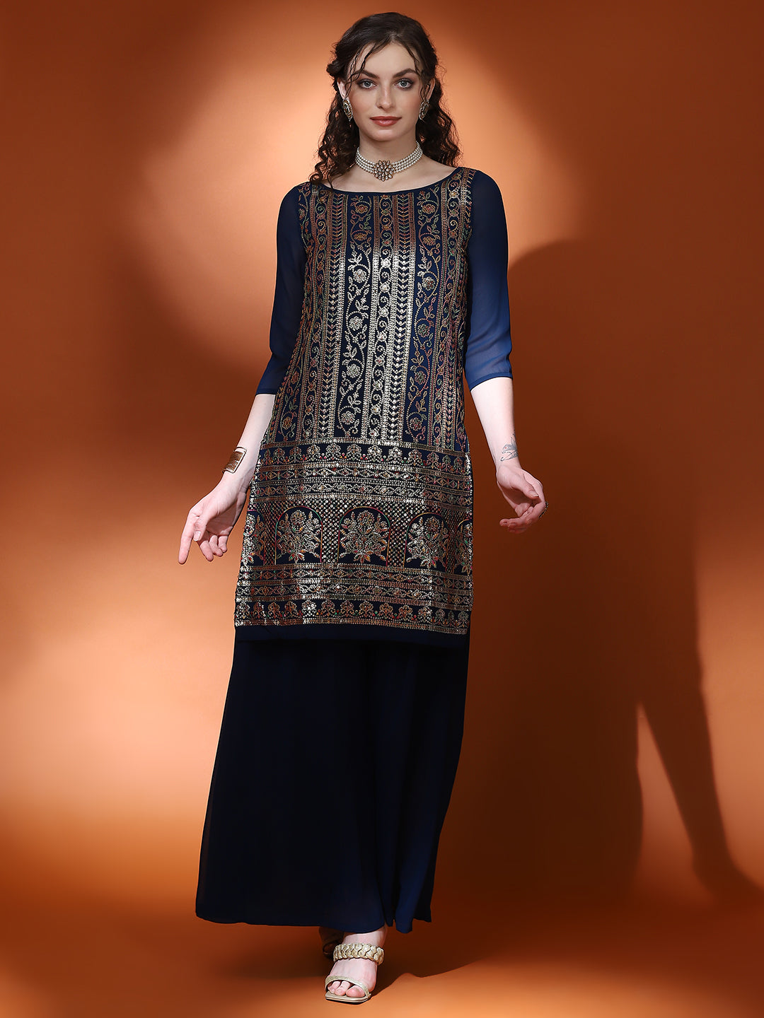 Navy Blue Embellished Straight Kurta With Palazzo