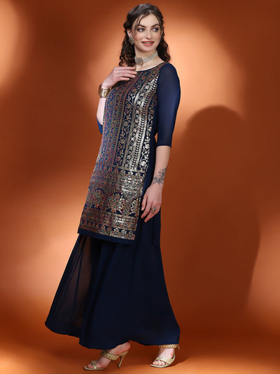 Navy Blue Embellished Straight Kurta With Palazzo