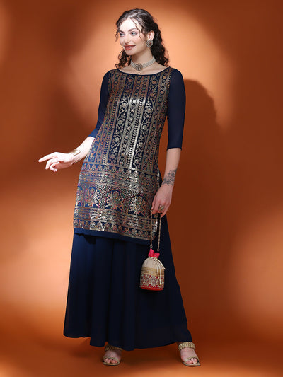 Navy Blue Embellished Straight Kurta With Palazzo