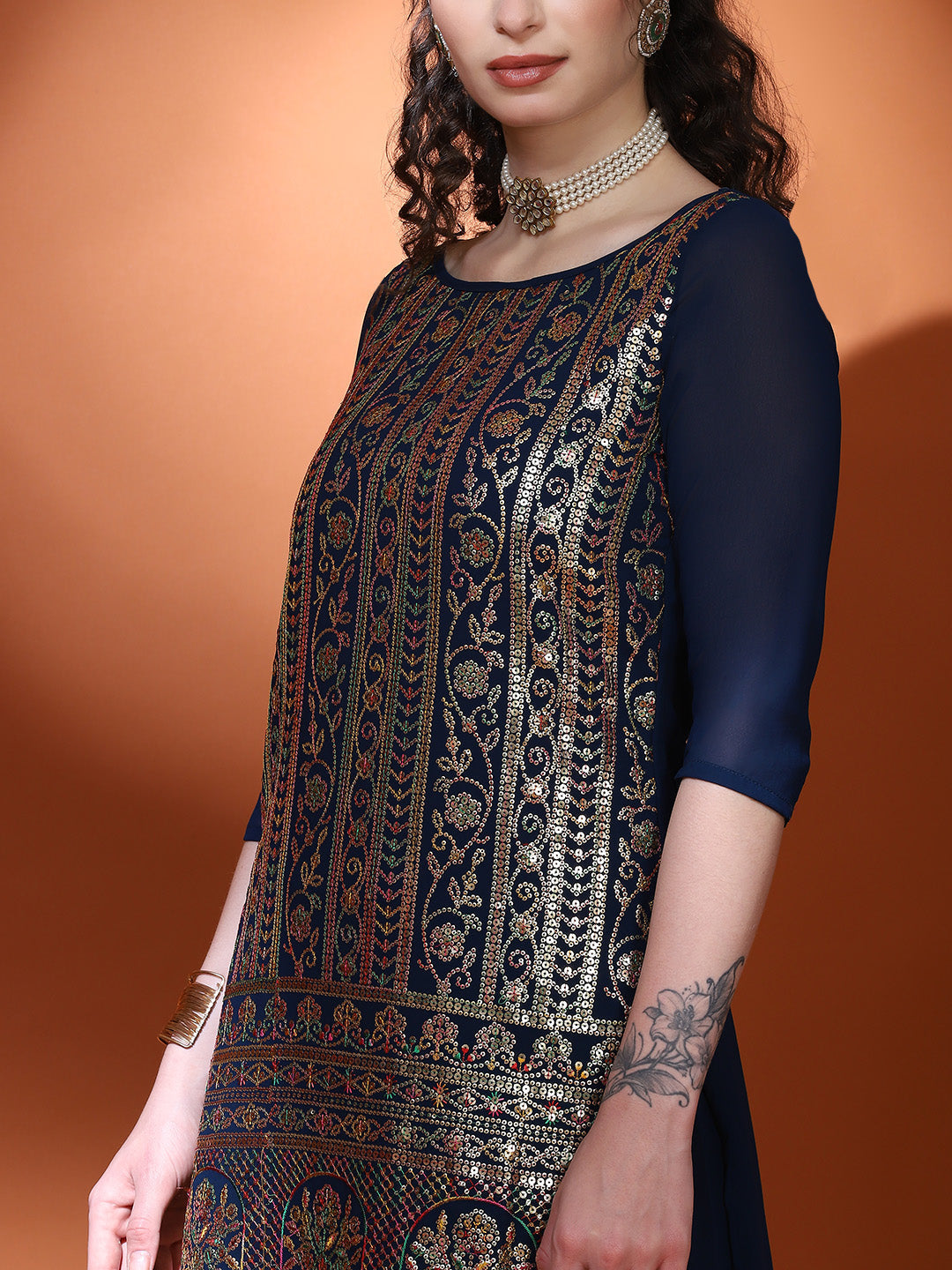 Navy Blue Embellished Straight Kurta With Palazzo