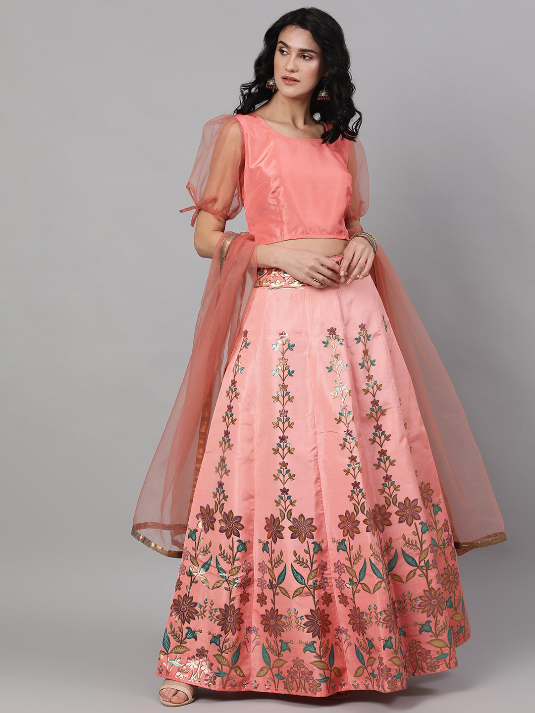 Peach Floral Print Lehenga Choli Set