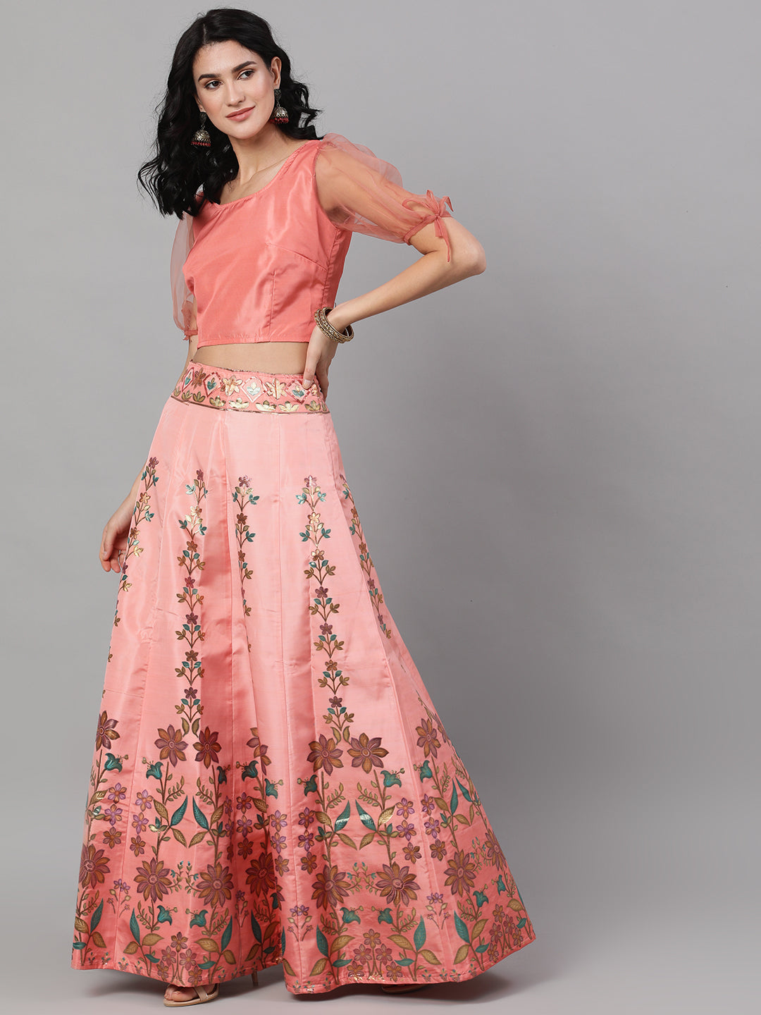 Peach Floral Print Lehenga Choli Set