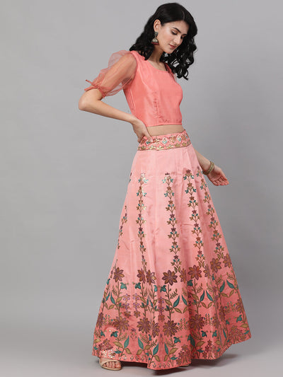 Peach Floral Print Lehenga Choli Set