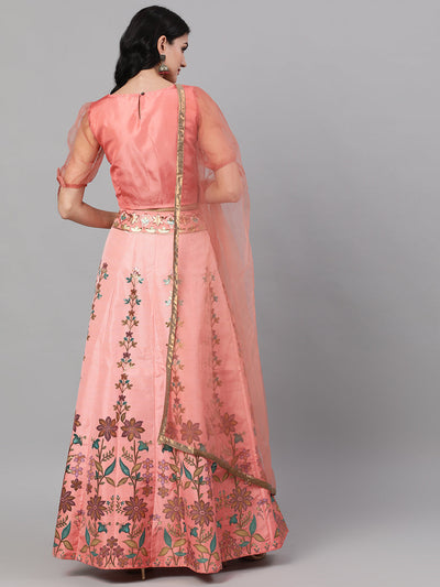 Peach Floral Print Lehenga Choli Set