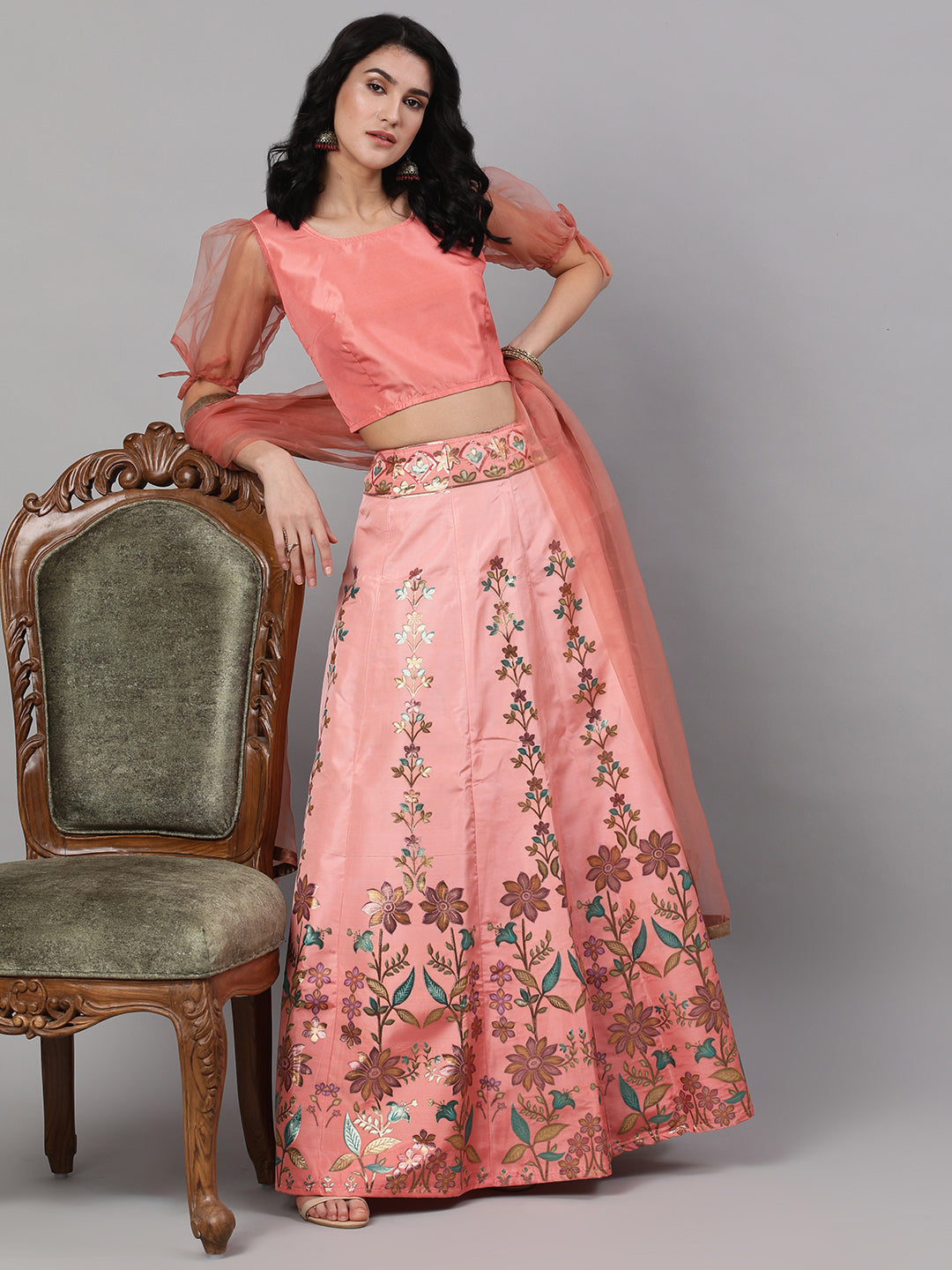 Peach Floral Print Lehenga Choli Set