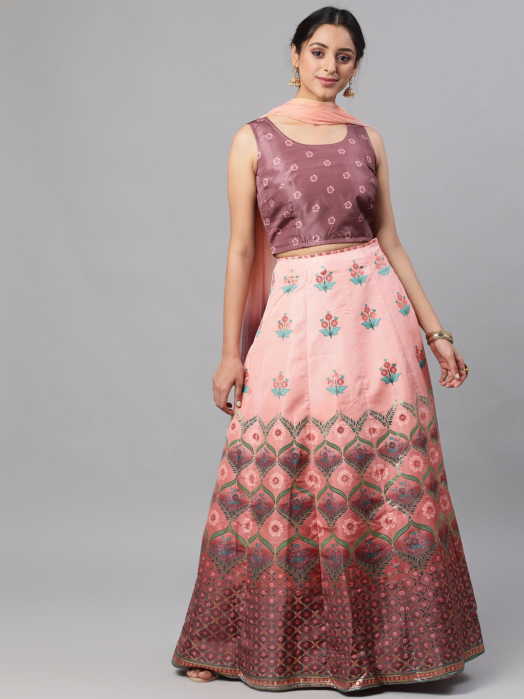 Brown Floral Print Lehenga Choli Set