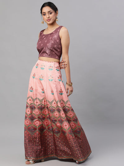 Brown Floral Print Lehenga Choli Set