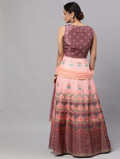 Brown Floral Print Lehenga Choli Set