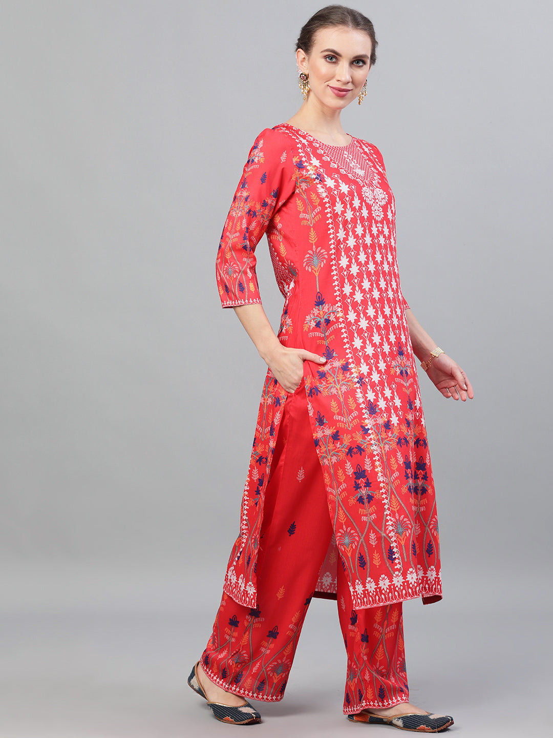 Red Printed Kurta With Palazzo