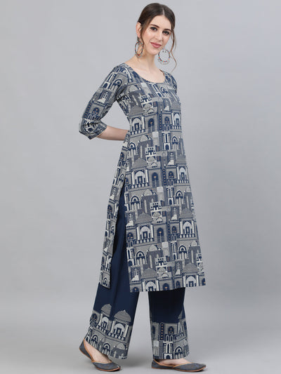 Blue Hawa Mahal Print Kurta With Palazzo