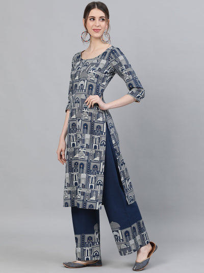 Blue Hawa Mahal Print Kurta With Palazzo