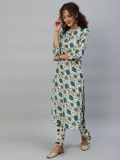 Cream Floral Print Kurta With Pant