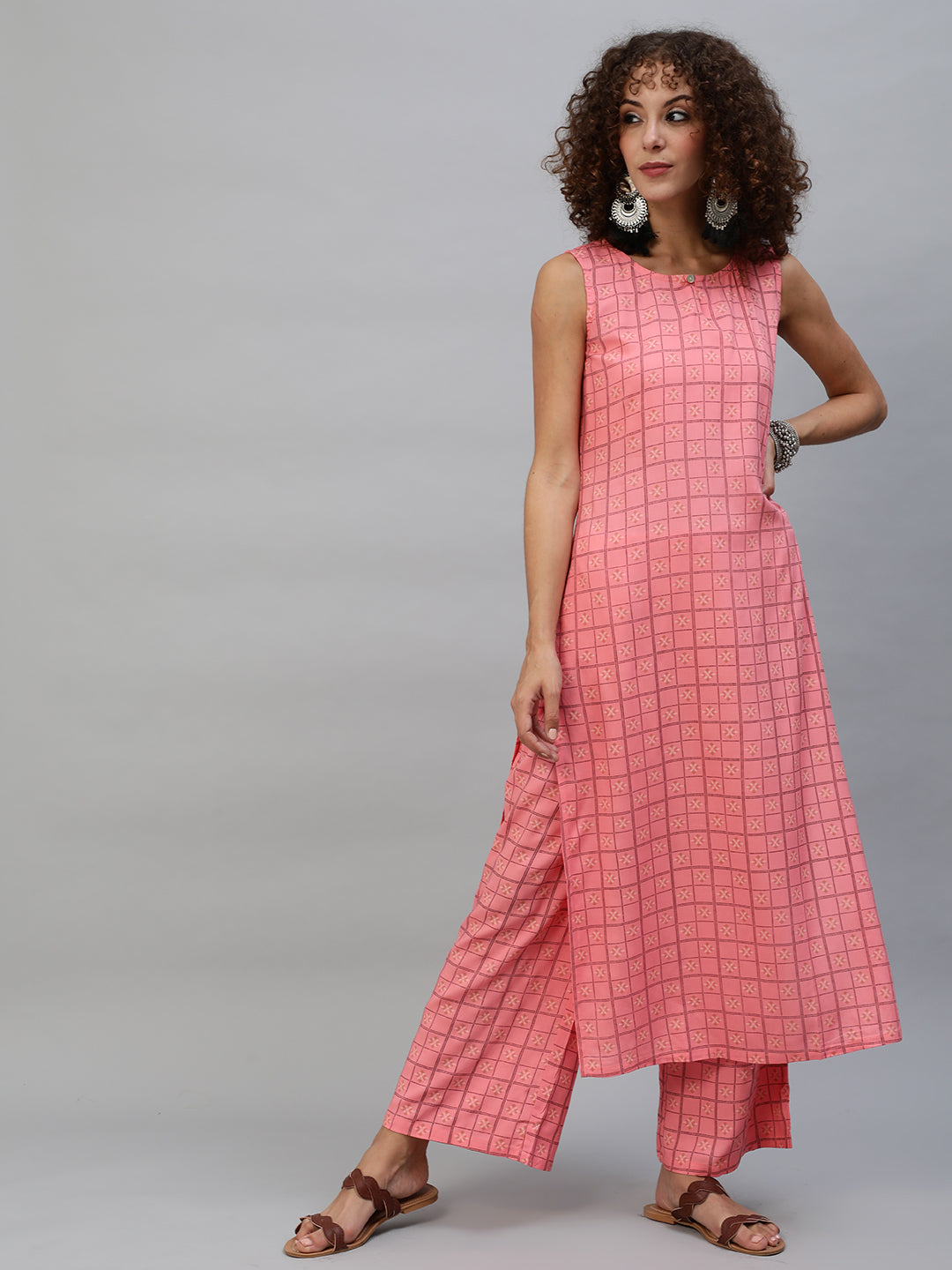 Peach Checked Kurta With Palazzo