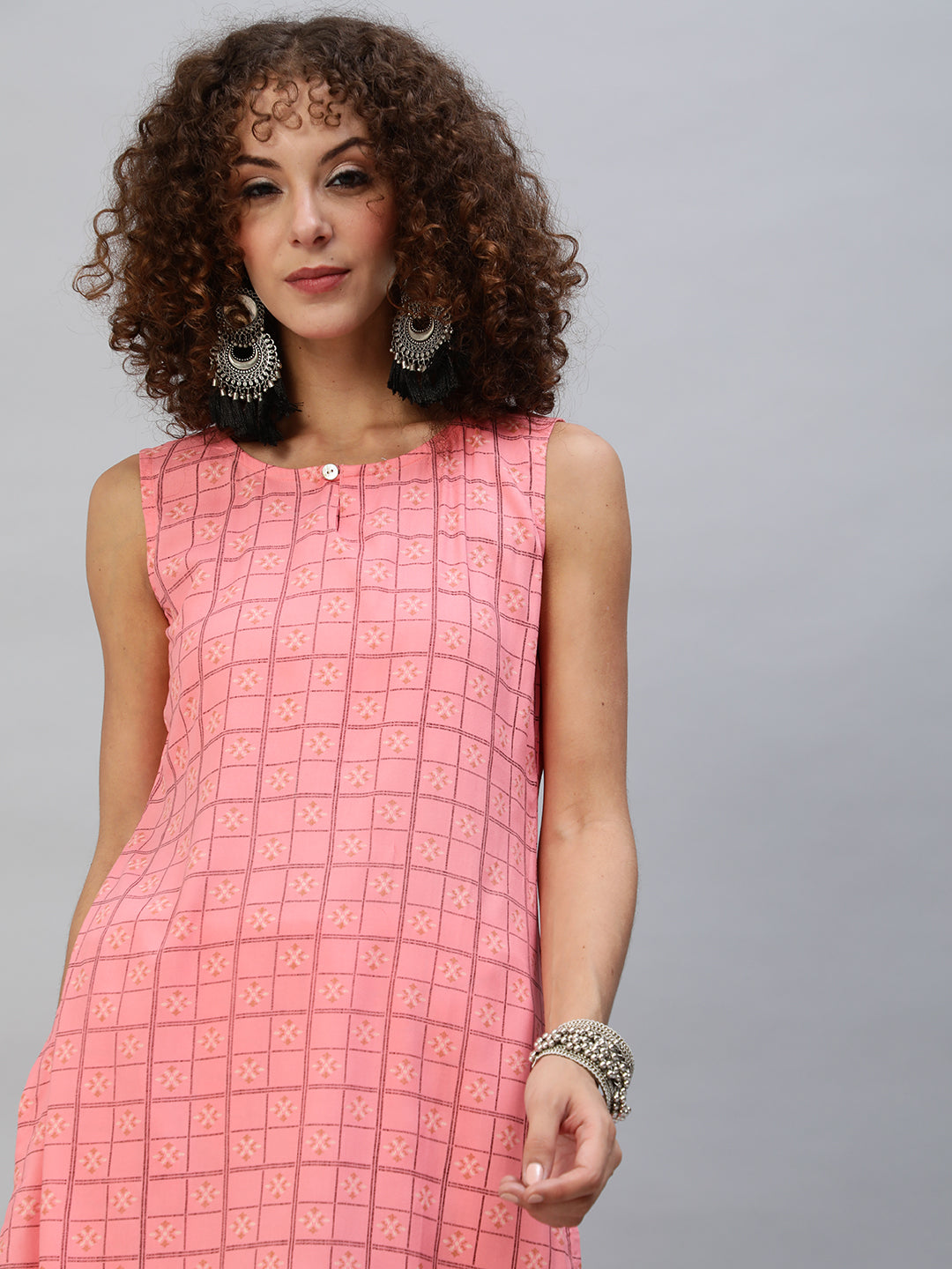 Peach Checked Kurta With Palazzo